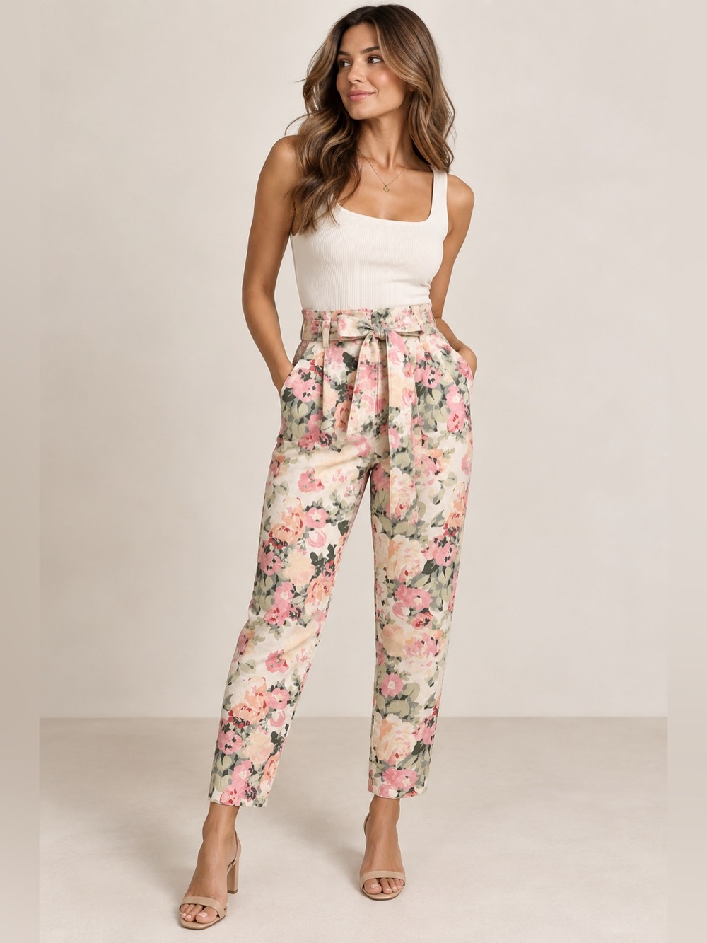 Sézane Floral High Rise Belted Trousers Pants Pink Green Size 36 US 4